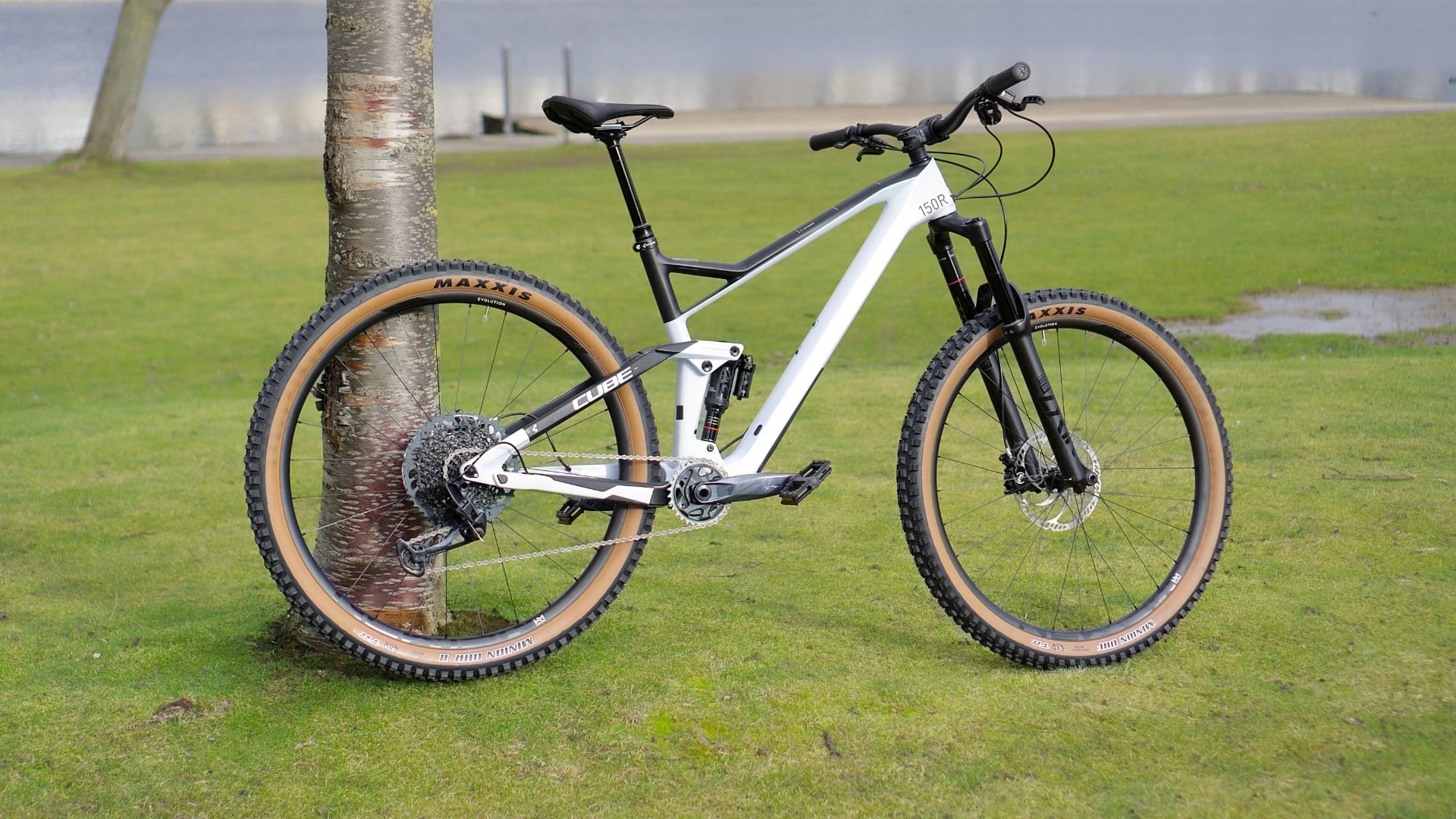 Cube Stereo 150 C:62 Race 2022 Mountainbike auf grünem Rasen vor einem Baum, ideal für Offroad-Abenteuer.