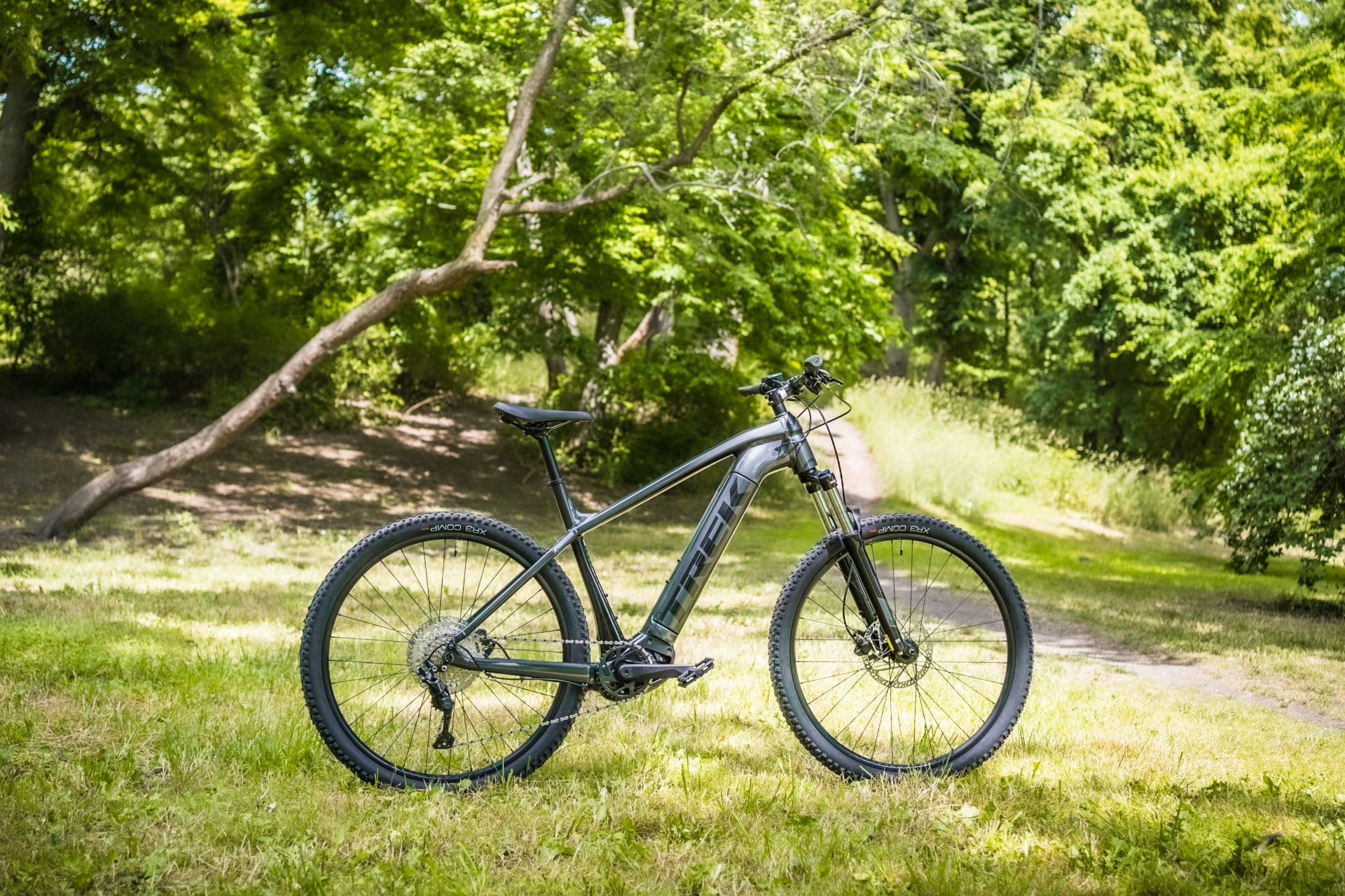 Trek Powerfly 4 E-Bike 2022 im Grünen, ideal für Offroad-Abenteuer und Naturerkundungen.