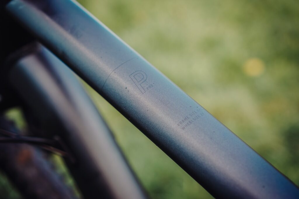 Nahaufnahme des Cube Reaction PRO 2023 Rahmens mit Pro-Markierung, im Fokus auf Design und Details.