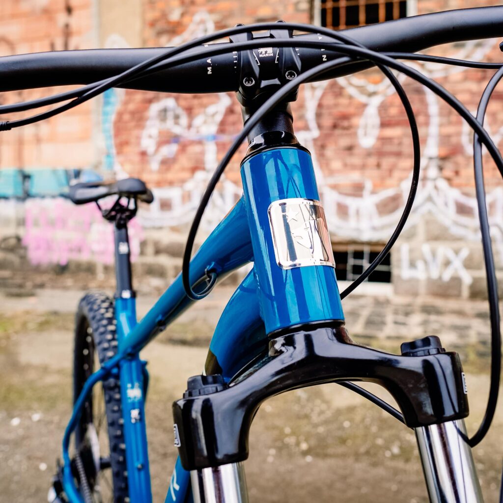 Blauer Marin Bolinas Ridge 2 Fahrradrahmen und Lenker vor urbaner Graffiti-Kulisse.