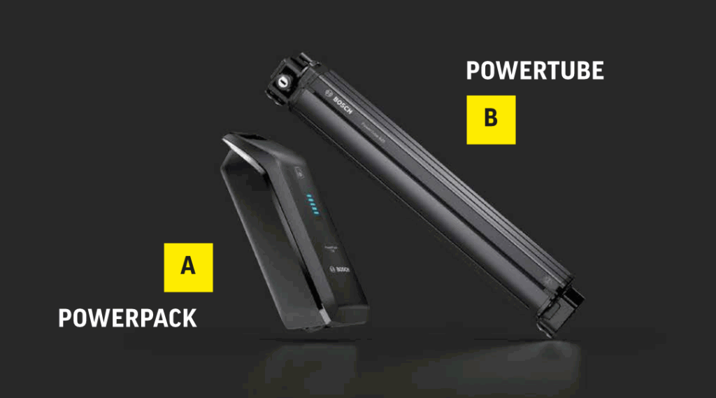 Vergleich von Bosch Powerpack und Powertube Akkus für E-Bikes auf dunklem Hintergrund.