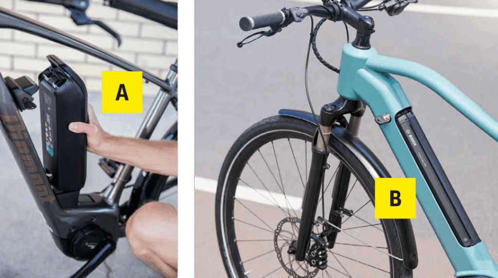 Externer und integrierter E-Bike-Akku im Vergleich: links Powerpack, rechts Powertube am Fahrradrahmen.
