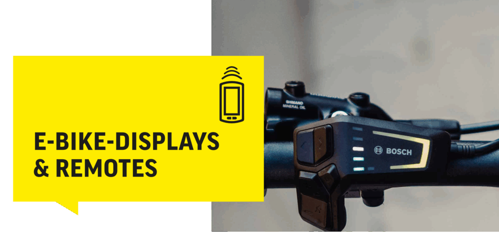 Bosch E-Bike-Display und LED-Remote am Lenker, hervorgehoben durch gelben Hintergrund mit Text "E-Bike-Displays & Remotes".