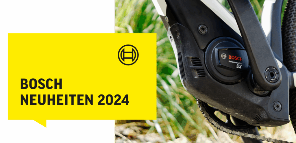Bosch E-Bike Motor, Performance Line SX, mit gelbem Banner und Logo, im Fokus auf Innovation und Technik.