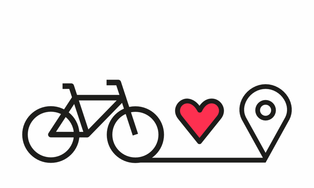 E-Bike-Illustration mit Herz und Standortsymbol, symbolisiert Liebe und Zielorientierung beim E-Bike-Fahren.
