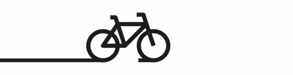 Minimalistische E-Bike-Illustration mit stilisiertem Fahrrad in Schwarz auf weißem Hintergrund.