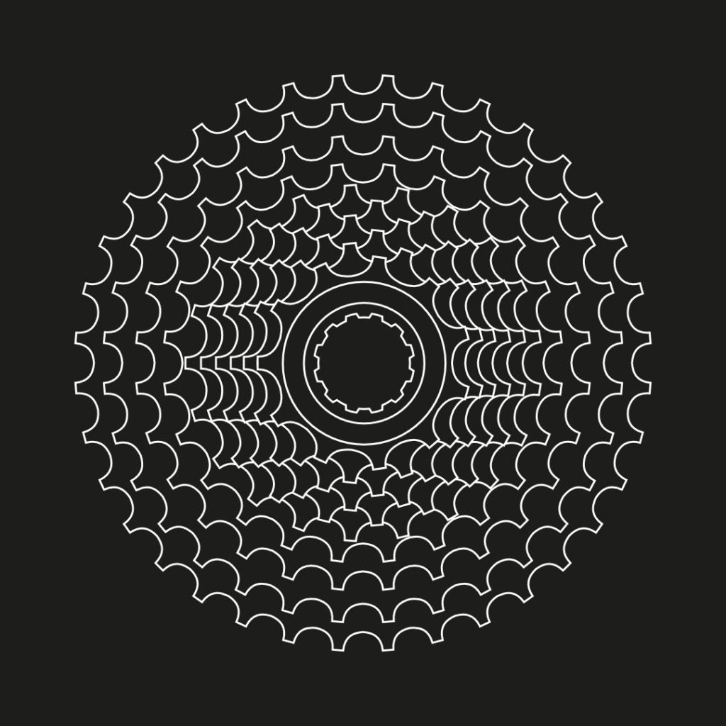 Illustration einer E-Bike-Kettenschaltung, detaillierte Darstellung der Zahnräder in symmetrischem Muster.
