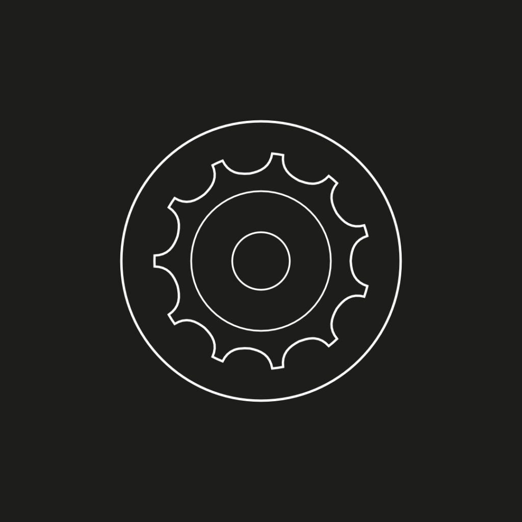 Nabenschaltung-Illustration für E-Bike-Guide, zeigt Zahnrad-Symbol auf schwarzem Hintergrund.