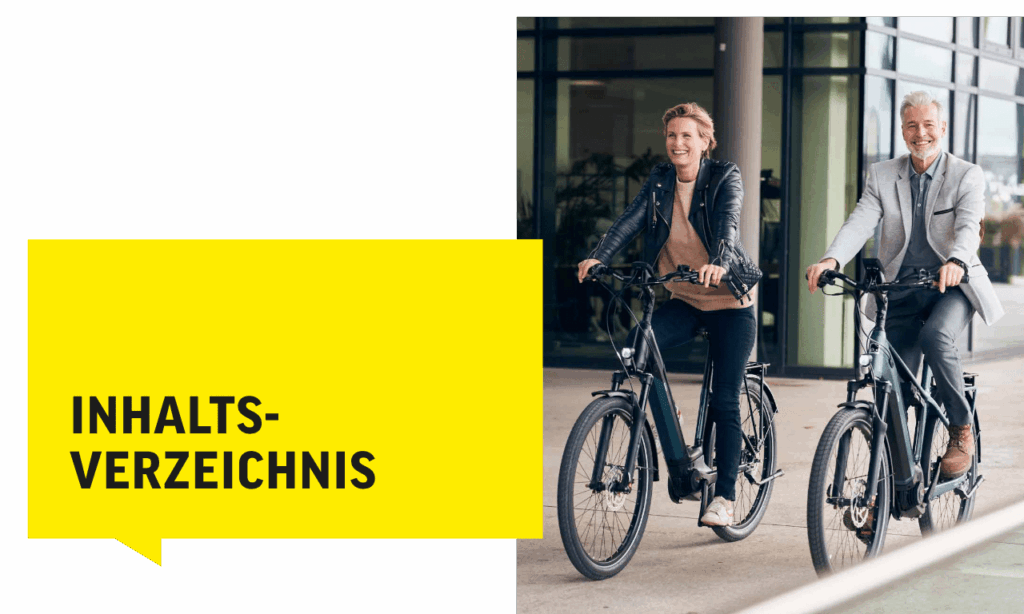 E-Bike-Fahrer lächelnd vor modernem Gebäude, gelbes Inhaltsverzeichnis-Design links.