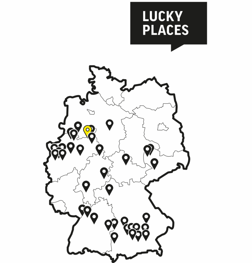 Karte mit Standorten der Lucky Bike-Filialen in Deutschland, hervorgehobener Standort in NRW.