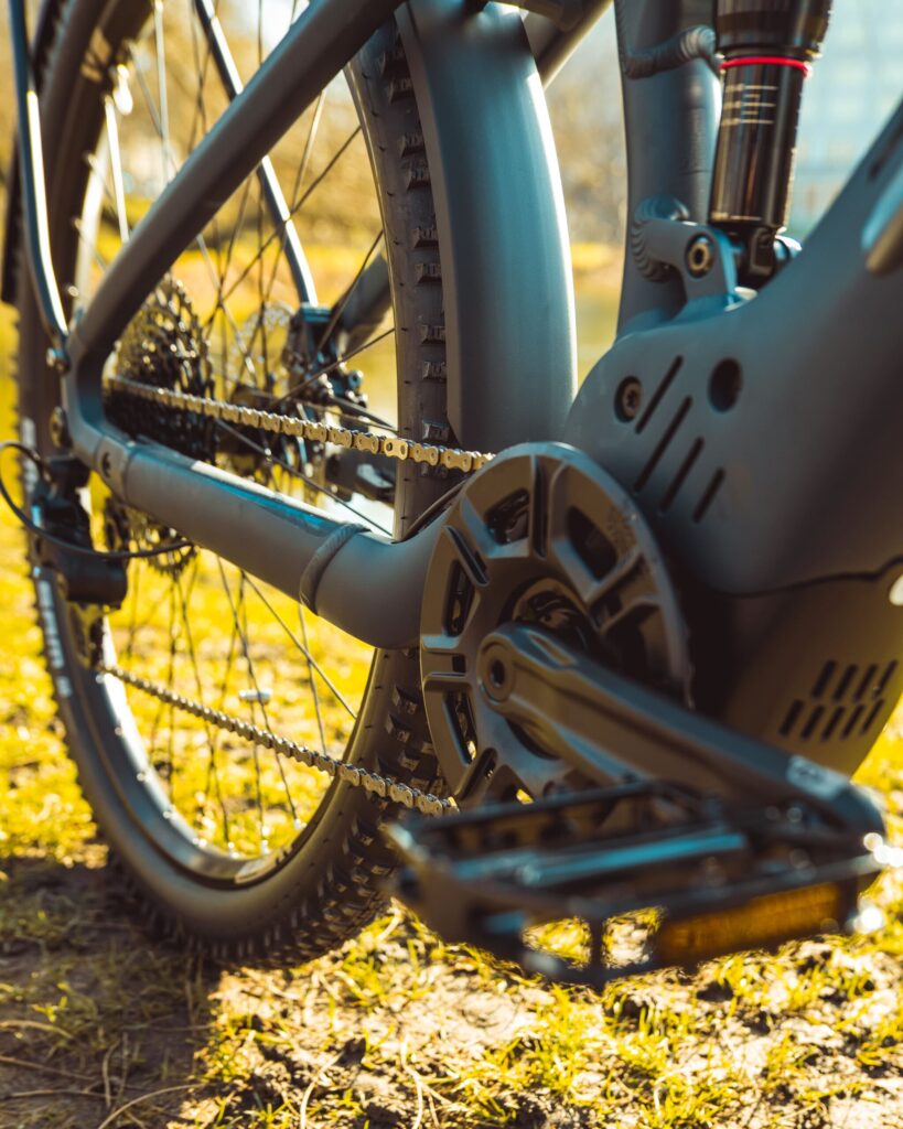 Kettenblatt und Hinterrad eines Axess Rogue FS Allroad 2024 im Detail bei sonnigem Wetter auf Gras.