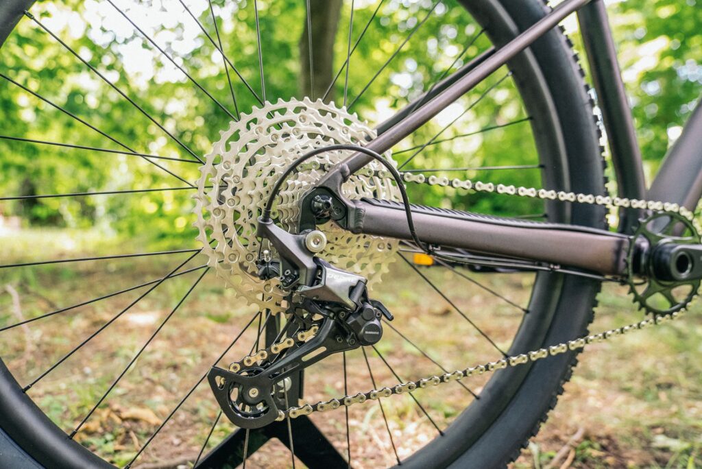 Shimano Deore Antrieb am Scott Scale 980 2024, Detailansicht der Kassette und Schaltwerk im Grünen.