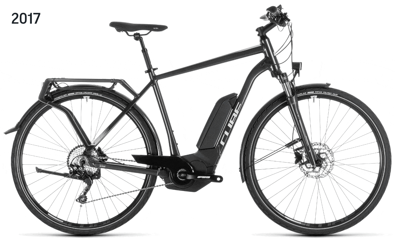 Vergleich der Cube Kathmandu Hybrid Modelle von 2017 bis 2025, zeigt Design- und Technologiefortschritte.