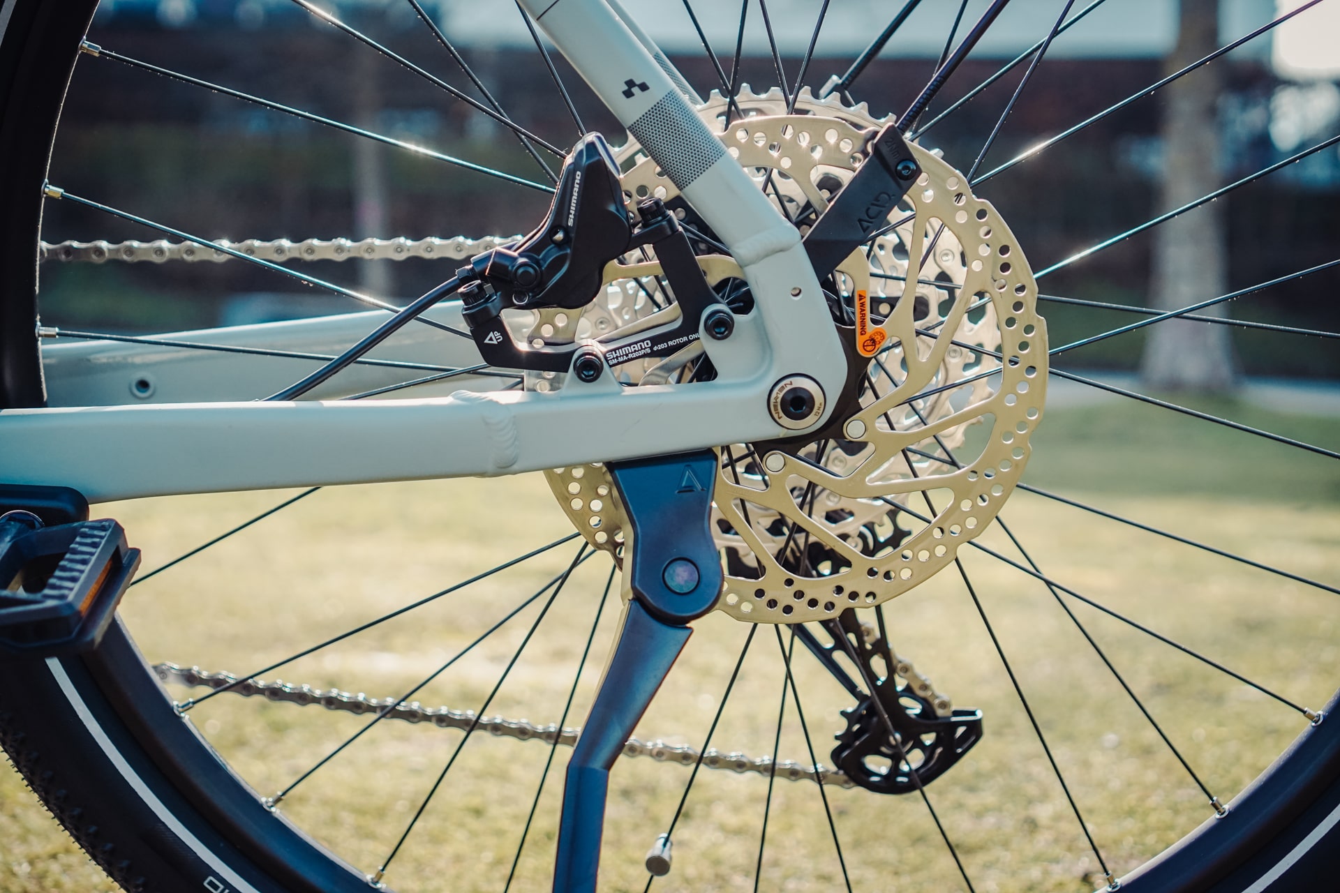 E-Trekkingbike-Hinterrad zeigt Detail des Bremssystems und der Steckachse, ideal für Kaufberatung.