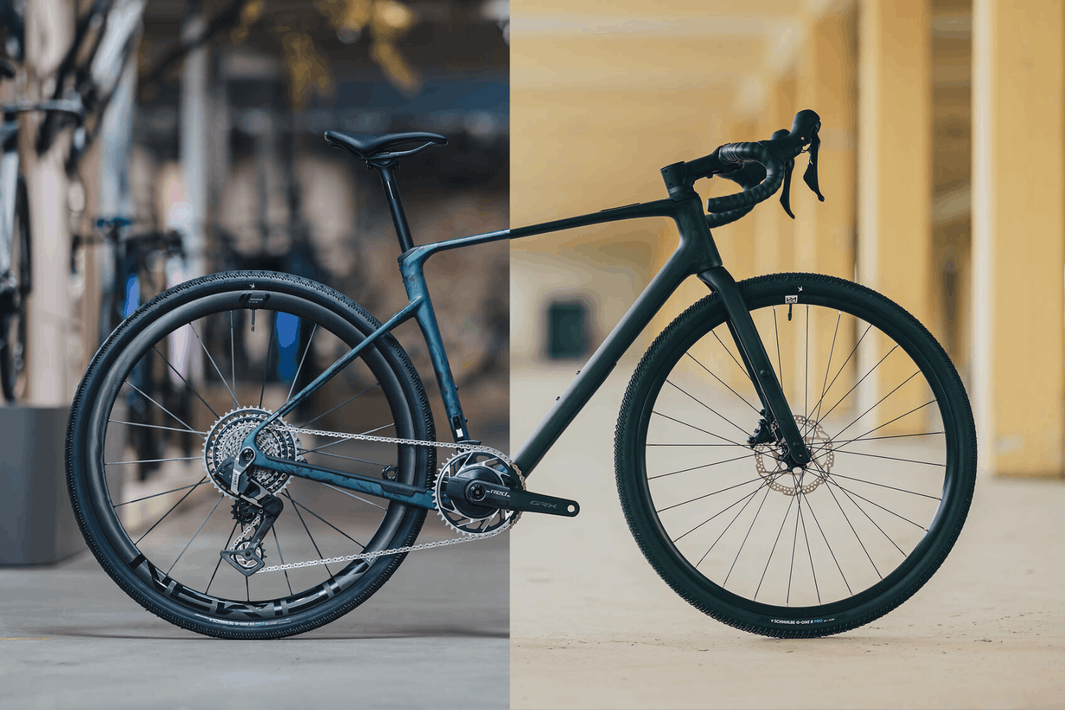 Zwei Cube Nuroad Gravelbikes im Vergleich, links dunkler Rahmen, rechts heller Hintergrund, Fokus auf Design und Ausstattung.