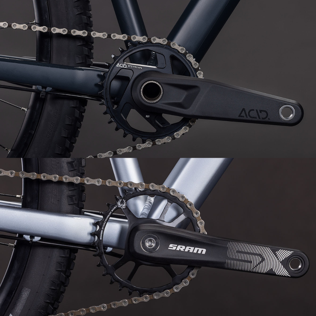 Collage von zwei Bildern, die jeweils die Tretkurbel von zwei Cube Attention zeigen