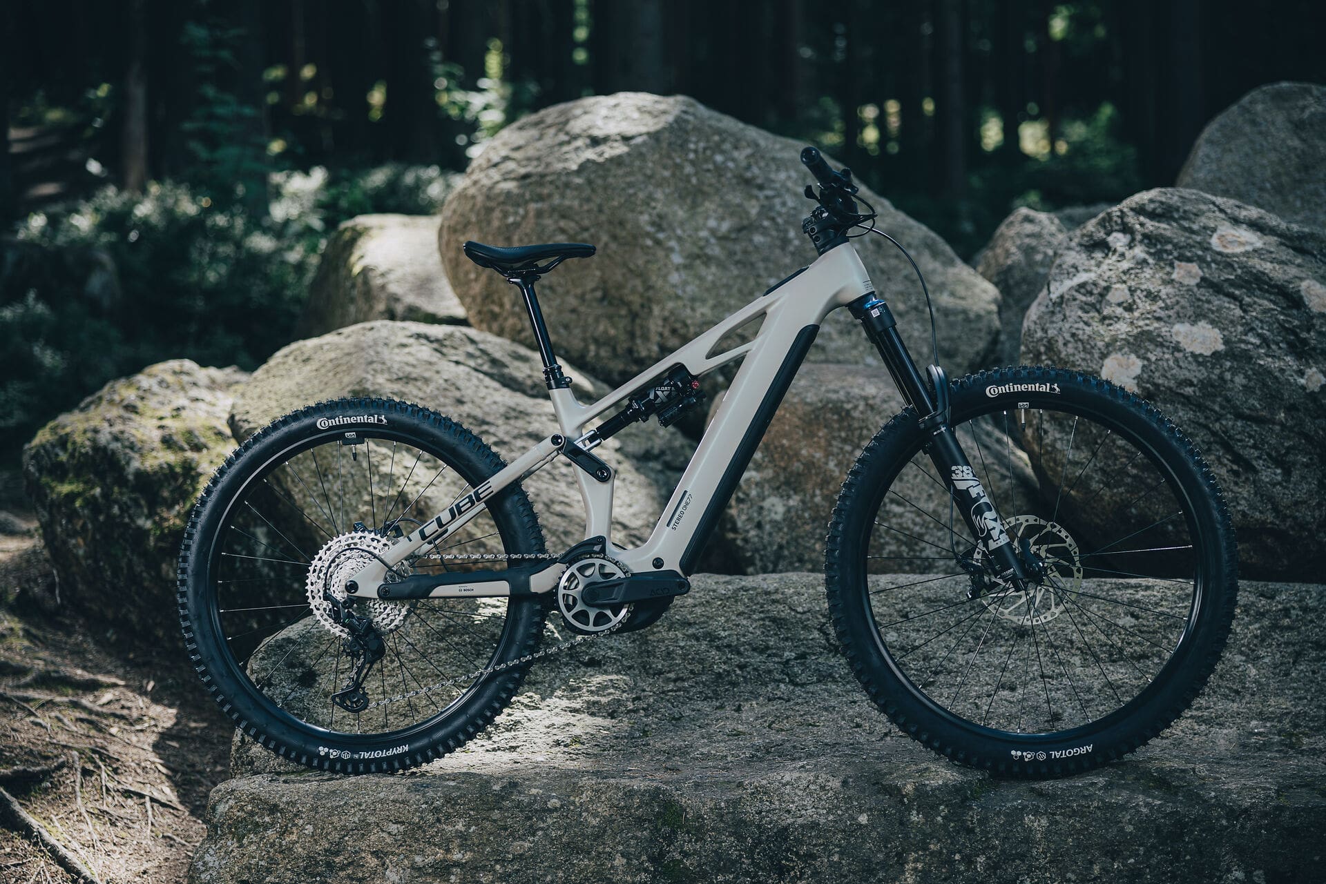 Seitenansicht des Cube Stereo Hybrid One77 HPC SLX 800 vor Felsen im Wald