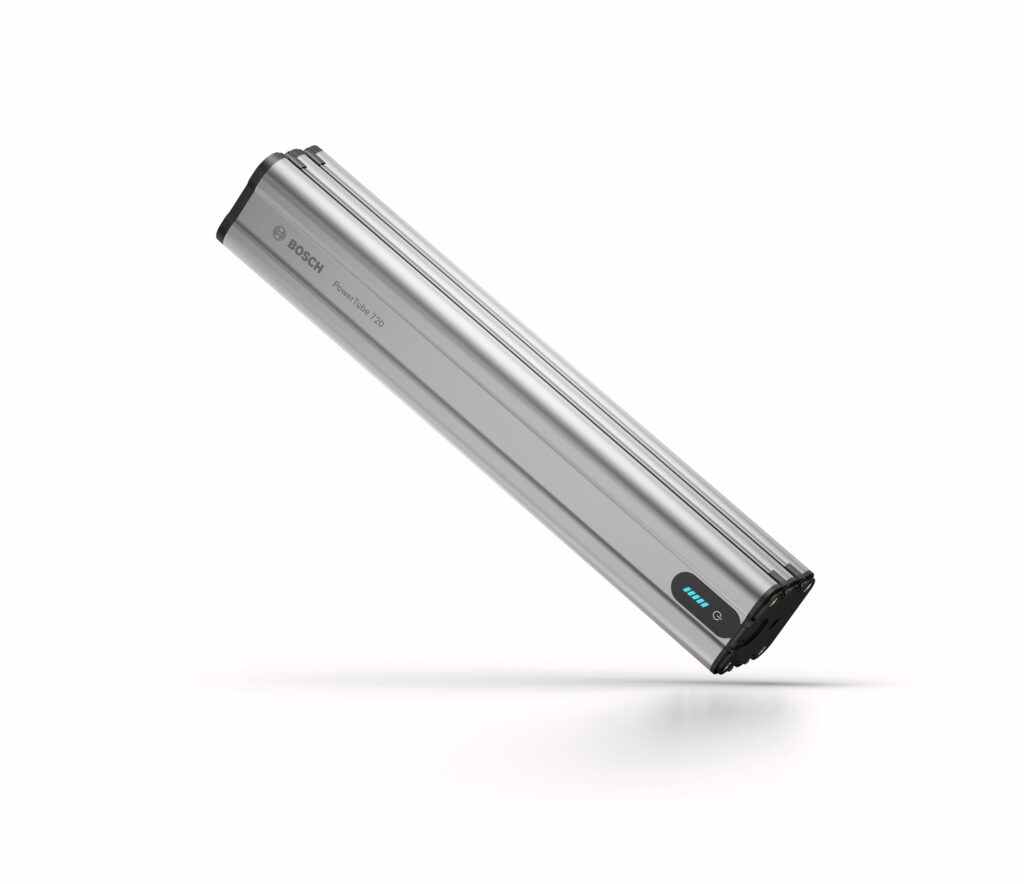 Der neue Bosch PowerTube 720 Akku in einer einfachen Ansicht vor weißem Hintergrund