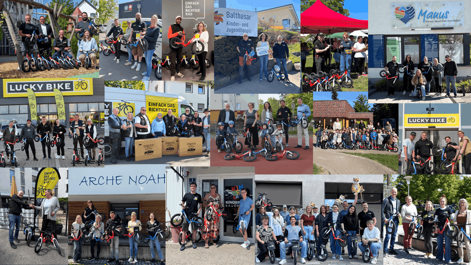 Eine vielfältige Collage verschiedener Bilder, die die Übergabe der KTM-Laufräder an verschiedenen Orten zeigen